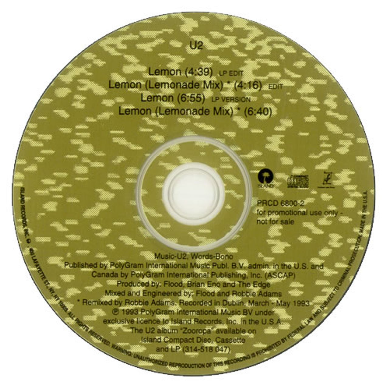 U2 Lemon US Promo CD single (CD5 / 5") PRCD6800-2