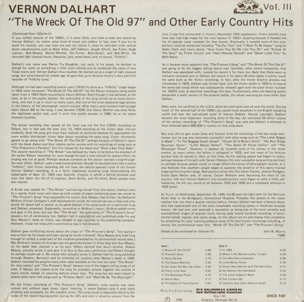 Vernon Dalhart "The Wreck Of The Old 97" And Other Early Country Hits - Vol. III - Sealed US vinyl LP album (LP record)
