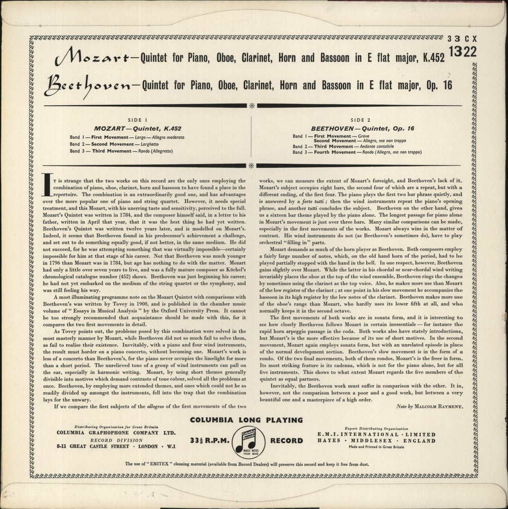 Walter Gieseking Mozart: Quintet In E Flat Major K. 452, Beethoven: Quintet In E Flat Major Op. 16 UK vinyl LP album (LP record)