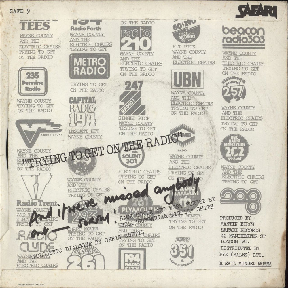 Wayne County & The Electric Chairs Trying To Get On The Radio UK 7" vinyl single (7 inch record / 45)