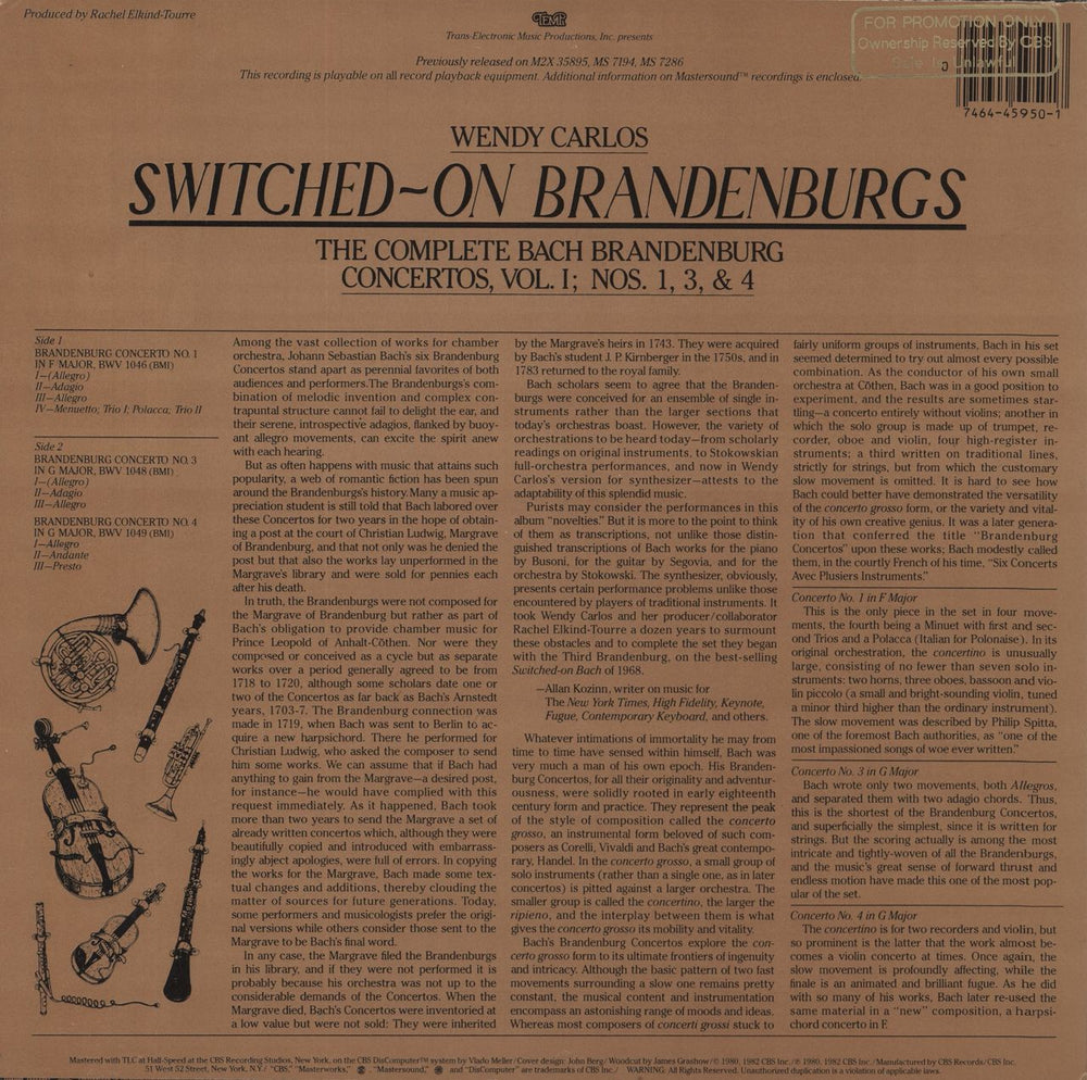 Wendy Carlos Switched-On Brandenburgs: The Complete Concertos - Half-Speed Mastered US Promo vinyl LP album (LP record) 074644595017