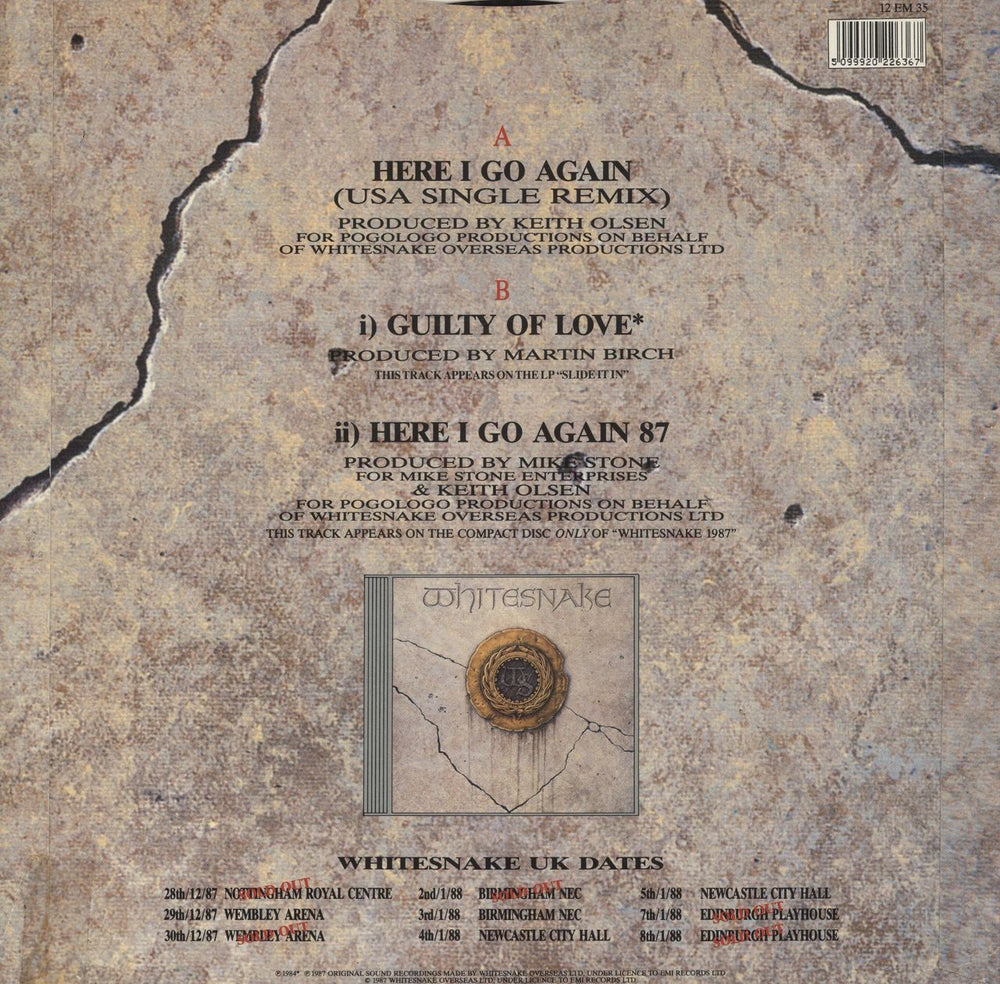 Whitesnake Here I Go Again - EX UK 12" vinyl single (12 inch record / Maxi-single) 5099920226367