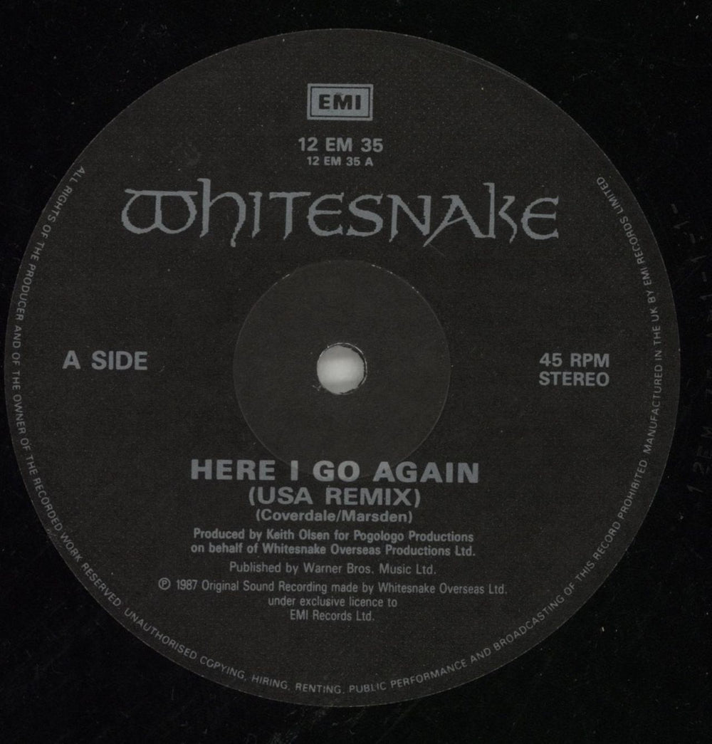 Whitesnake Here I Go Again - EX UK 12" vinyl single (12 inch record / Maxi-single) WHI12HE16286