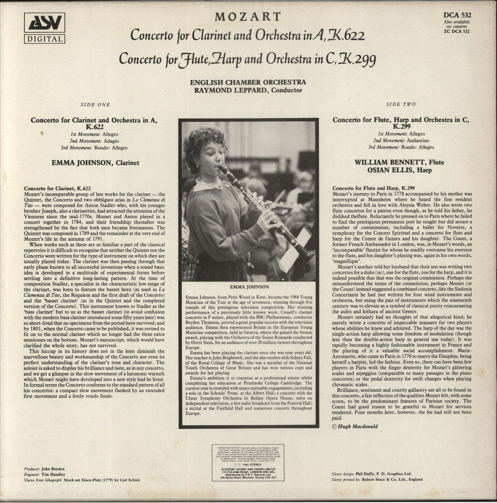 Wolfgang Amadeus Mozart Concerto For Clarinet And Orchestra In A, K.622 / Concerto For Flute, Harp And Orchestra In C, K.299 UK vinyl LP album (LP record)