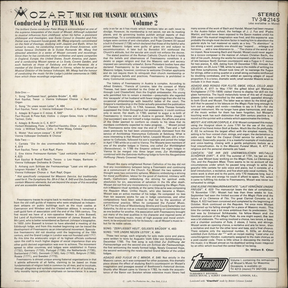 Wolfgang Amadeus Mozart Mozart: Music For Masonic Occasions UK 2-LP vinyl record set (Double LP Album) Deleted