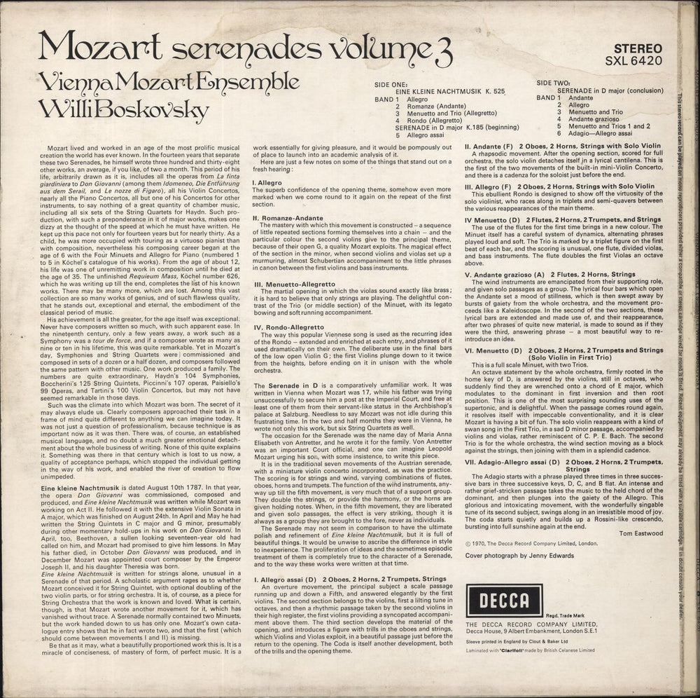 Wolfgang Amadeus Mozart Mozart: Serenades Volume 3 (Eine Kleine Nachtmusik K525 · Serenade K185) UK vinyl LP album (LP record)