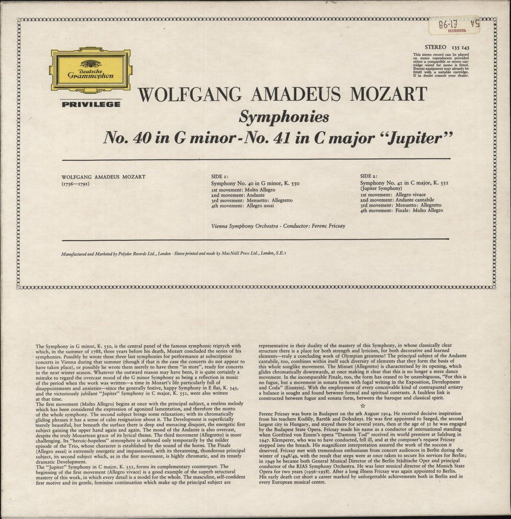 Wolfgang Amadeus Mozart Mozart: Symphonien Nr. 40 G-moll · Nr. 41 C-dur "Jupiter" UK vinyl LP album (LP record)