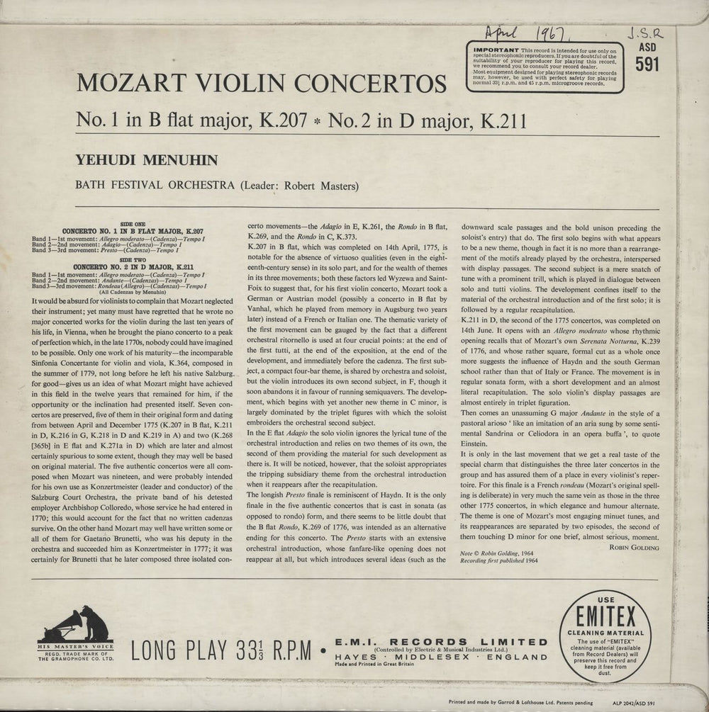 Wolfgang Amadeus Mozart Mozart Violin Concertos Nos. 1 & 2 UK vinyl LP album (LP record)