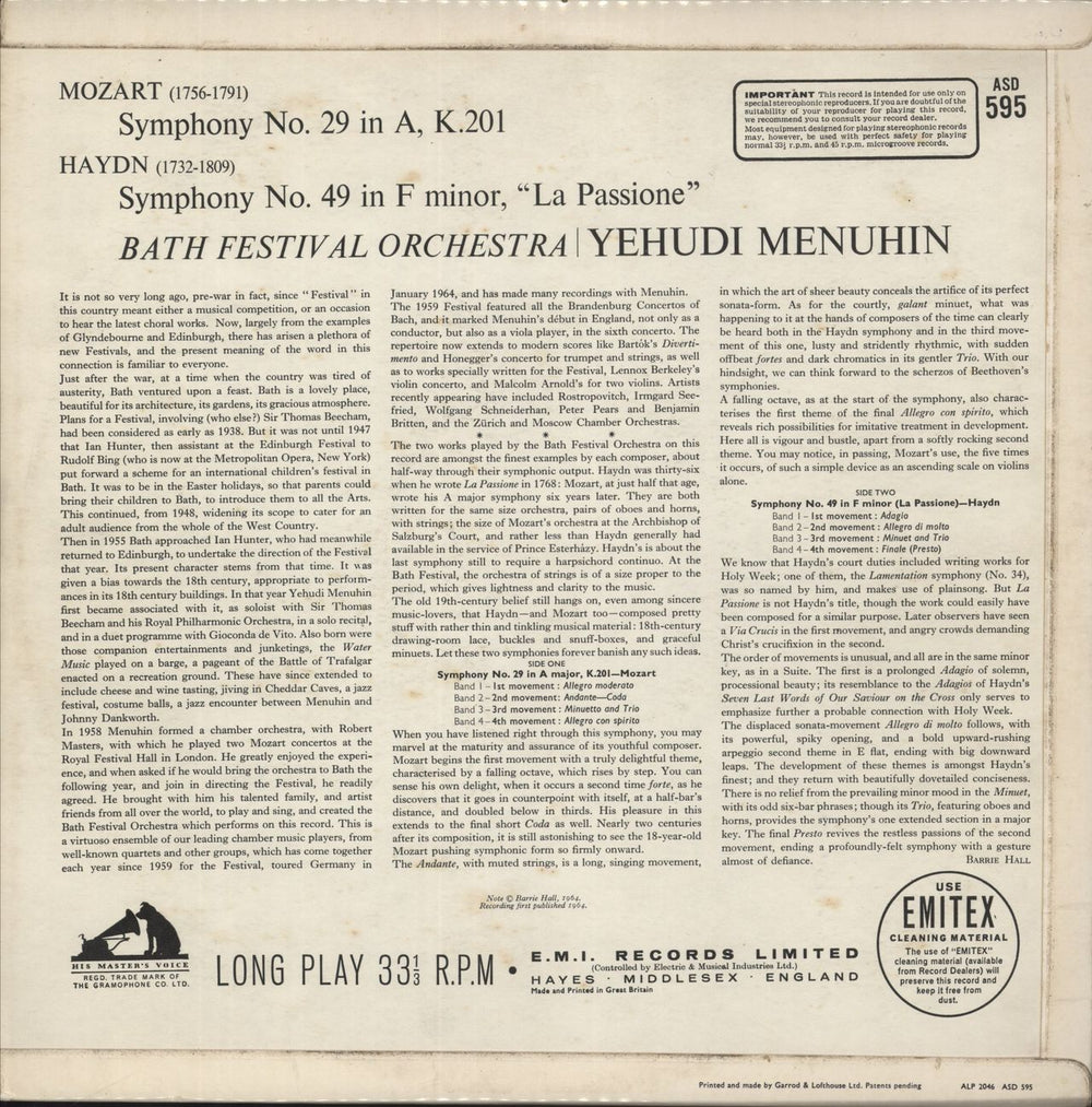 Wolfgang Amadeus Mozart Symphony No. 29 In A, K.201 / Symphony No. 49 In F Minor, "La Passione" UK vinyl LP album (LP record)