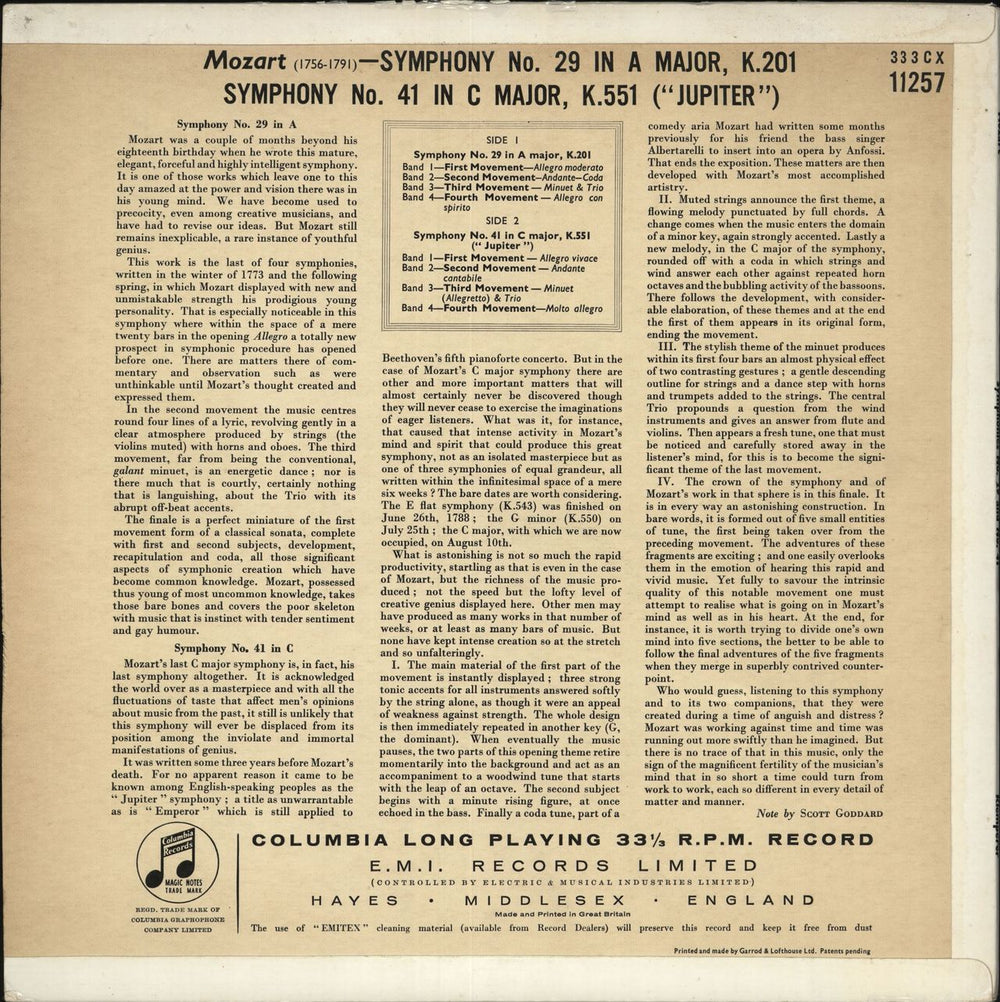 Wolfgang Amadeus Mozart Symphony No.29 in A Major, K.201 / Symphony No.41 in C Major, K.551 ("Jupiter") UK vinyl LP album (LP record)