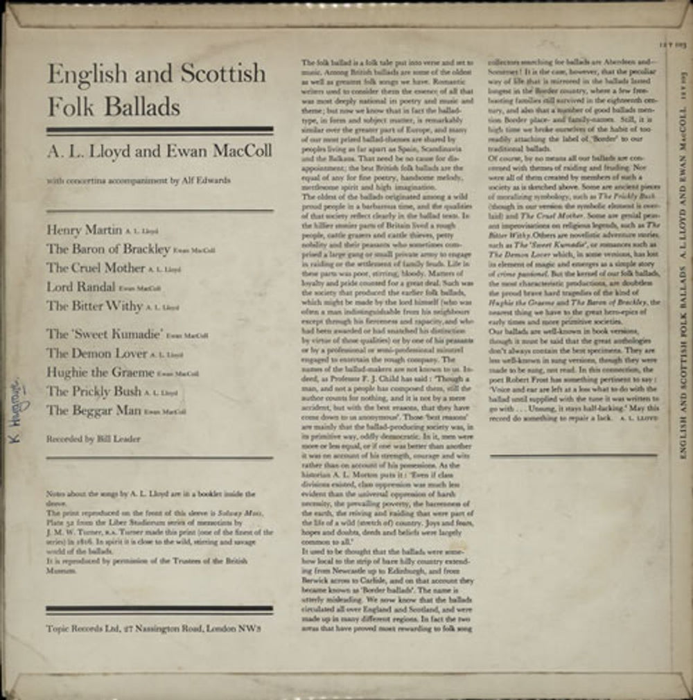 A.L. Lloyd And Ewan MacColl English And Scottish Folk Ballads + Booklet UK vinyl LP album (LP record) A8LLPEN580054