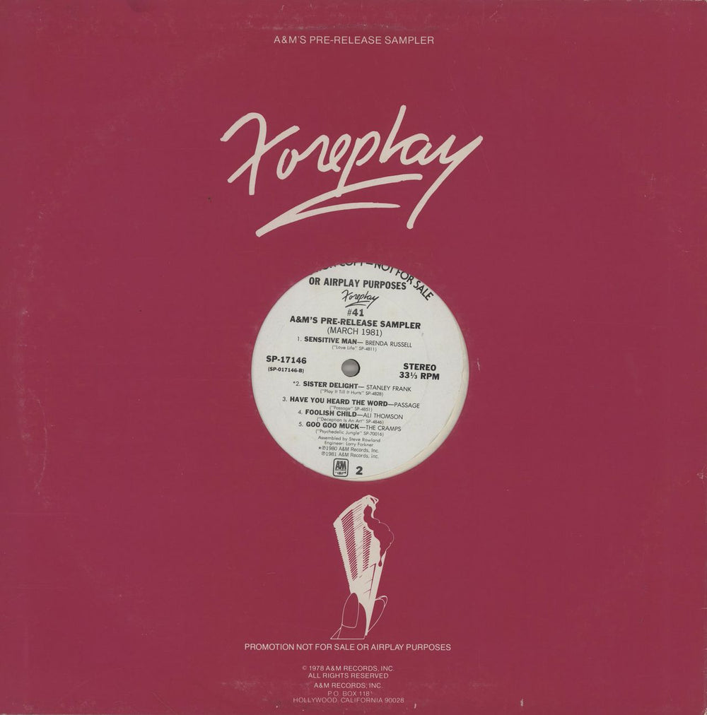 A&M Records Foreplay #41 - A&M's Pre-Release Sampler - March 1981 US Promo 12" vinyl single (12 inch record / Maxi-single)