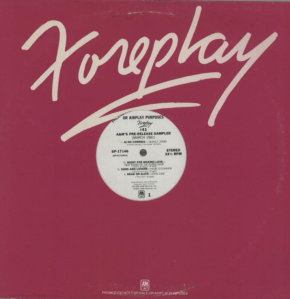 A&M Records Foreplay #41 - A&M's Pre-Release Sampler - March 1981 US Promo 12" vinyl single (12 inch record / Maxi-single) SP-17146