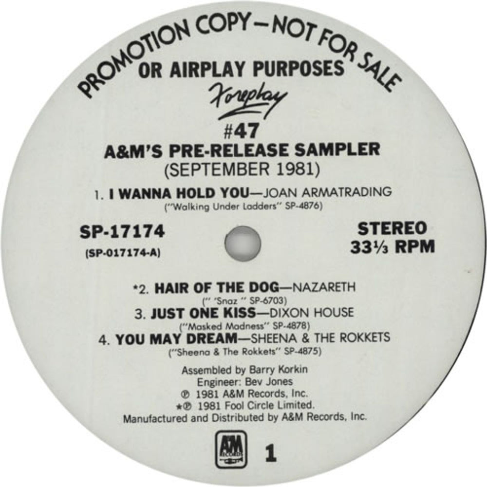 A&M Records Foreplay #47 - A&M's Pre-Release Sampler September 1981 US Promo 12" vinyl single (12 inch record / Maxi-single) SP-17174