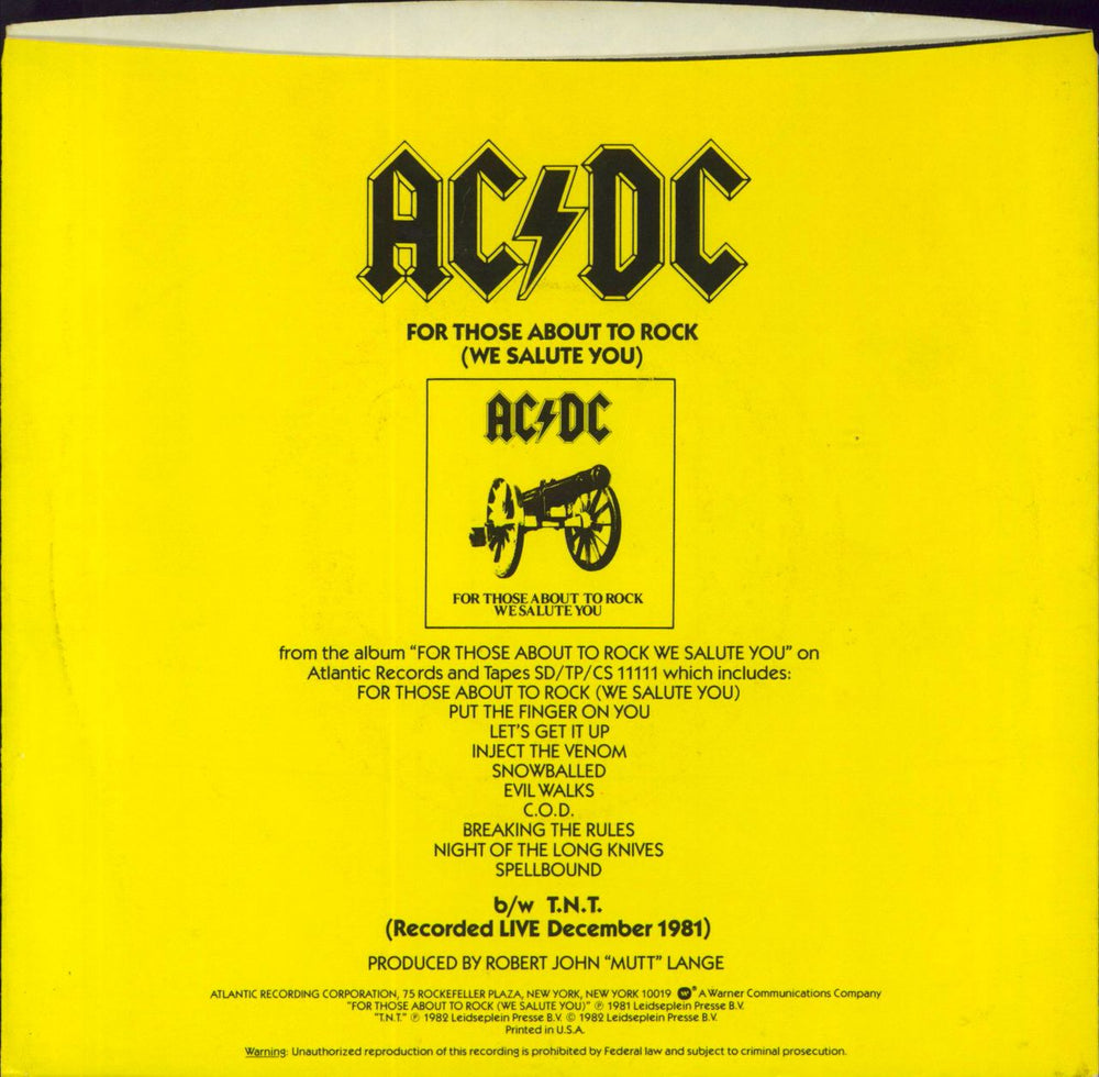 AC/DC For Those About To Rock (We Salute You) US 7" vinyl single (7 inch record / 45)