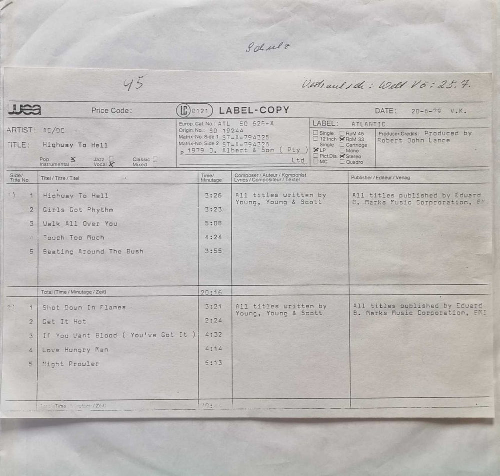 AC/DC Highway To Hell - Test Pressing + Copy Sheet German vinyl LP album (LP record) ATL50628