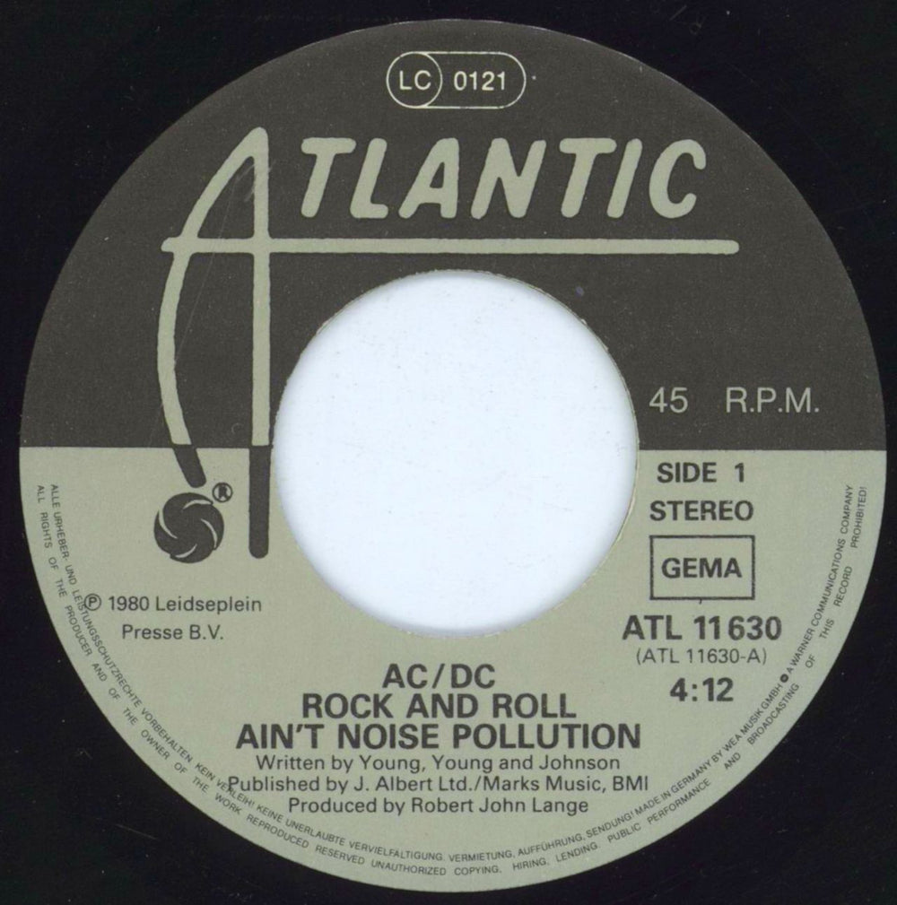 AC/DC Rock And Roll Ain't Noise Pollution + P/S German 7" vinyl single (7 inch record / 45) ACD07RO282864