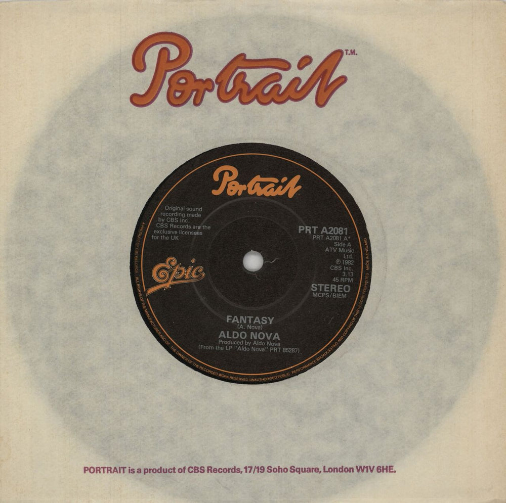 Aldo Nova Fantasy UK 7" vinyl single (7 inch record / 45) PRTA2081
