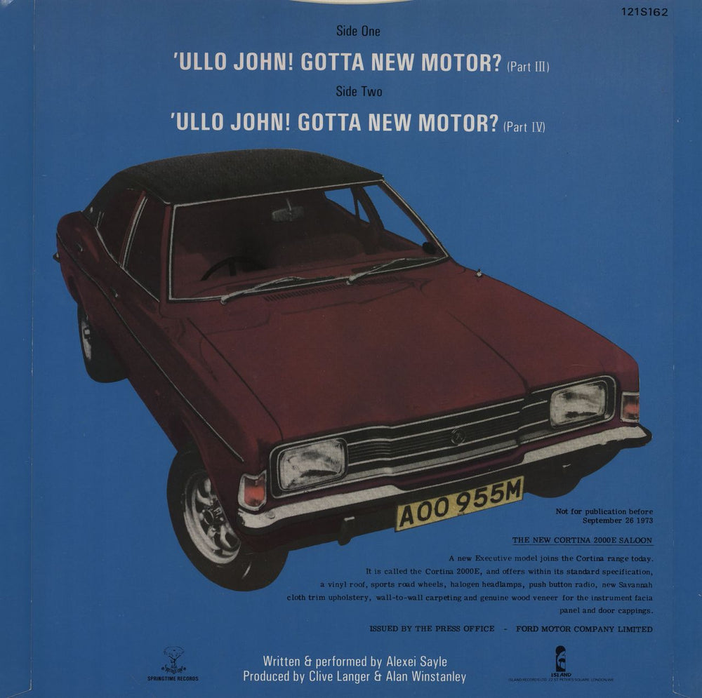 Alexei Sayle 'Ullo John! Gotta New Motor? - not suitable for minors sticker UK 12" vinyl single (12 inch record / Maxi-single)