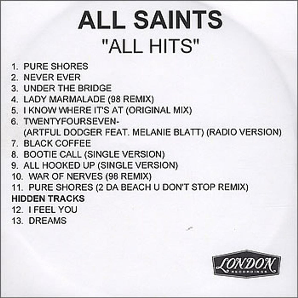 All Saints All Hits UK Promo CD-R acetate ASACRAL199698