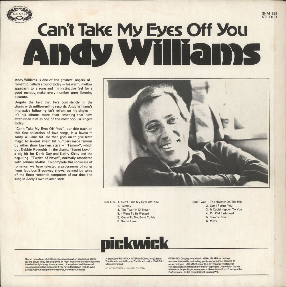 Andy Williams Can't Take My Eyes Off You UK vinyl LP album (LP record)