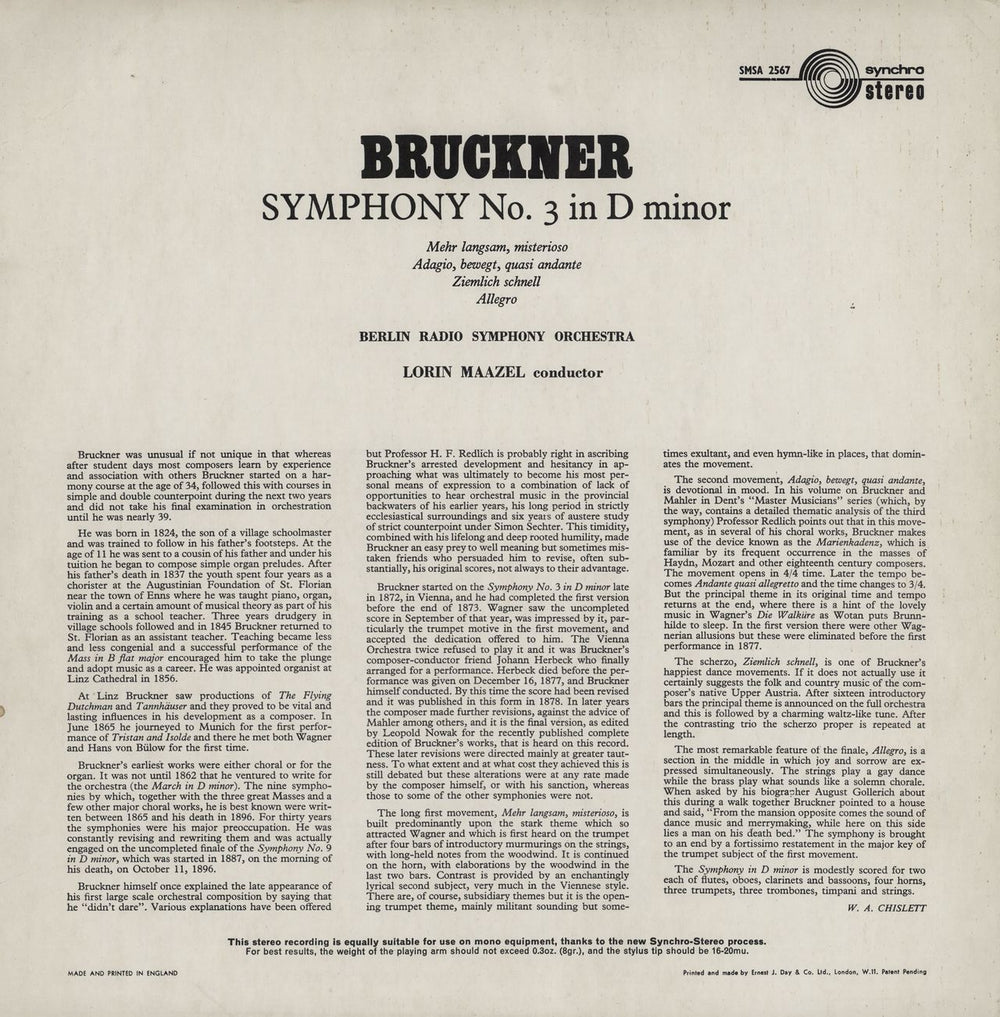 Anton Bruckner Symphony No. 3 in D Minor UK vinyl LP album (LP record)