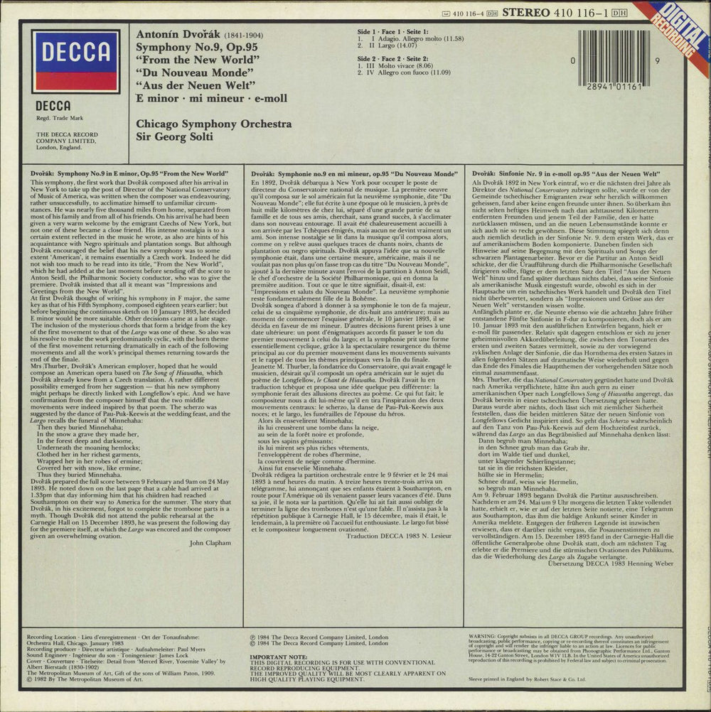 Antonín Dvorák Symphony No.9, Op.95 "From The New World" UK vinyl LP album (LP record) 028941011619