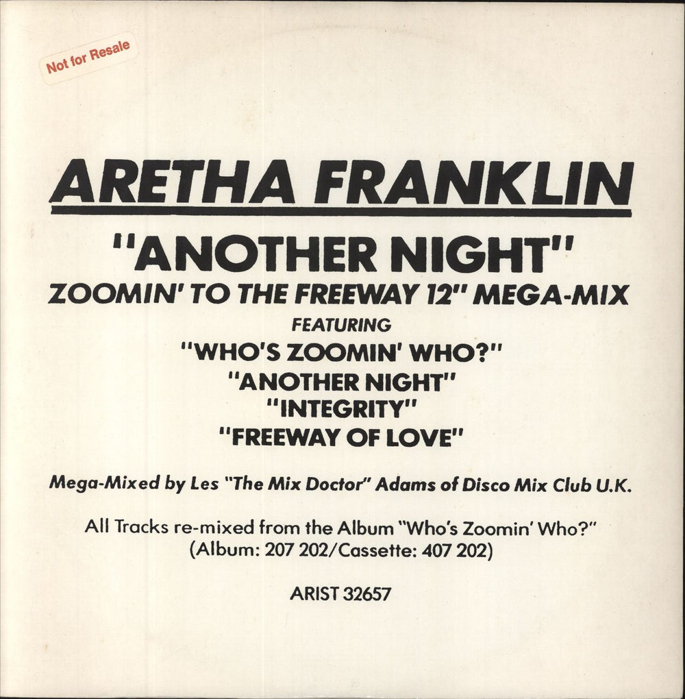 Aretha Franklin Another Night UK 12" vinyl single (12 inch record / Maxi-single) ARIST32657