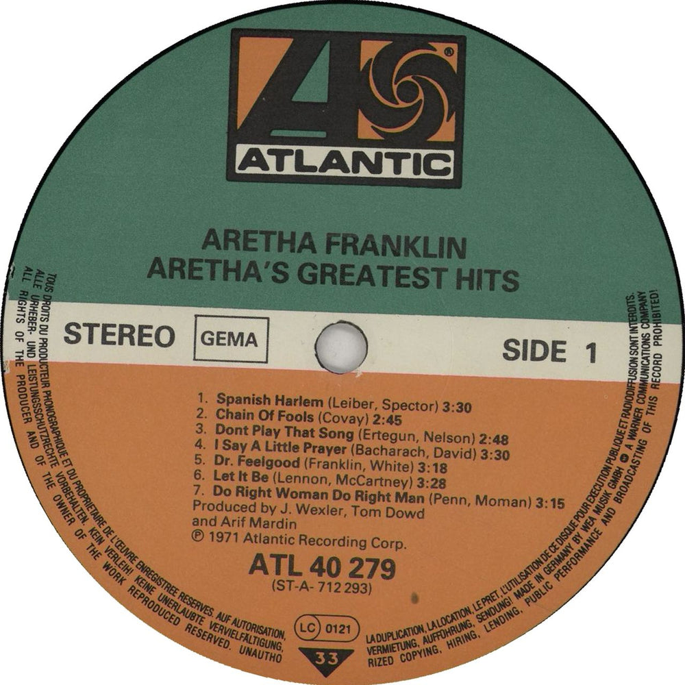 Aretha Franklin Aretha's Greatest Hits German vinyl LP album (LP record) ARELPAR669174