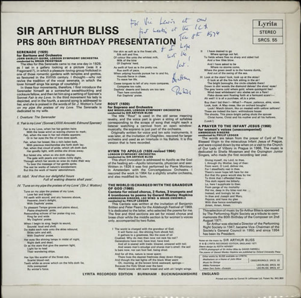 Arthur Bliss PRS 80th Birthday Presentation - Autographed UK vinyl LP album (LP record) A2YLPPR630832