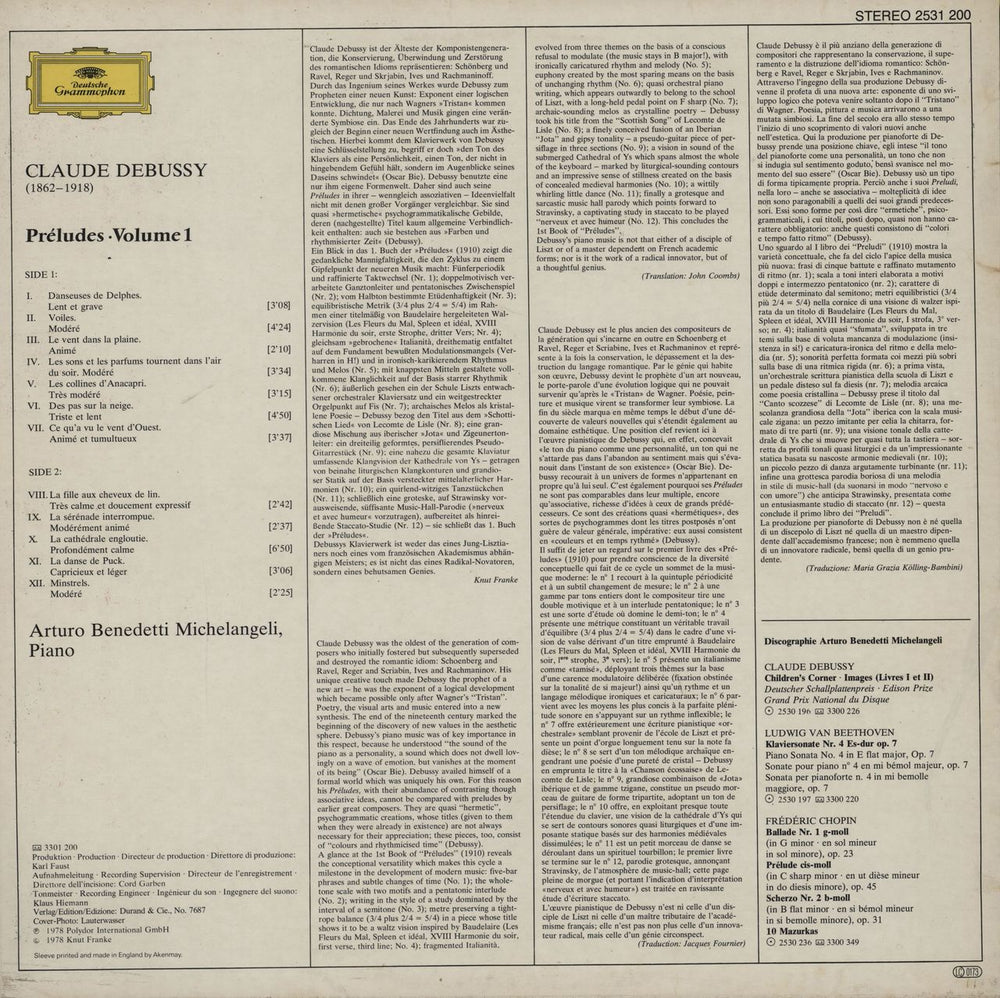 Arturo Benedetti Michelangeli Claude Debussy: Préludes Volume 1 UK vinyl LP album (LP record)