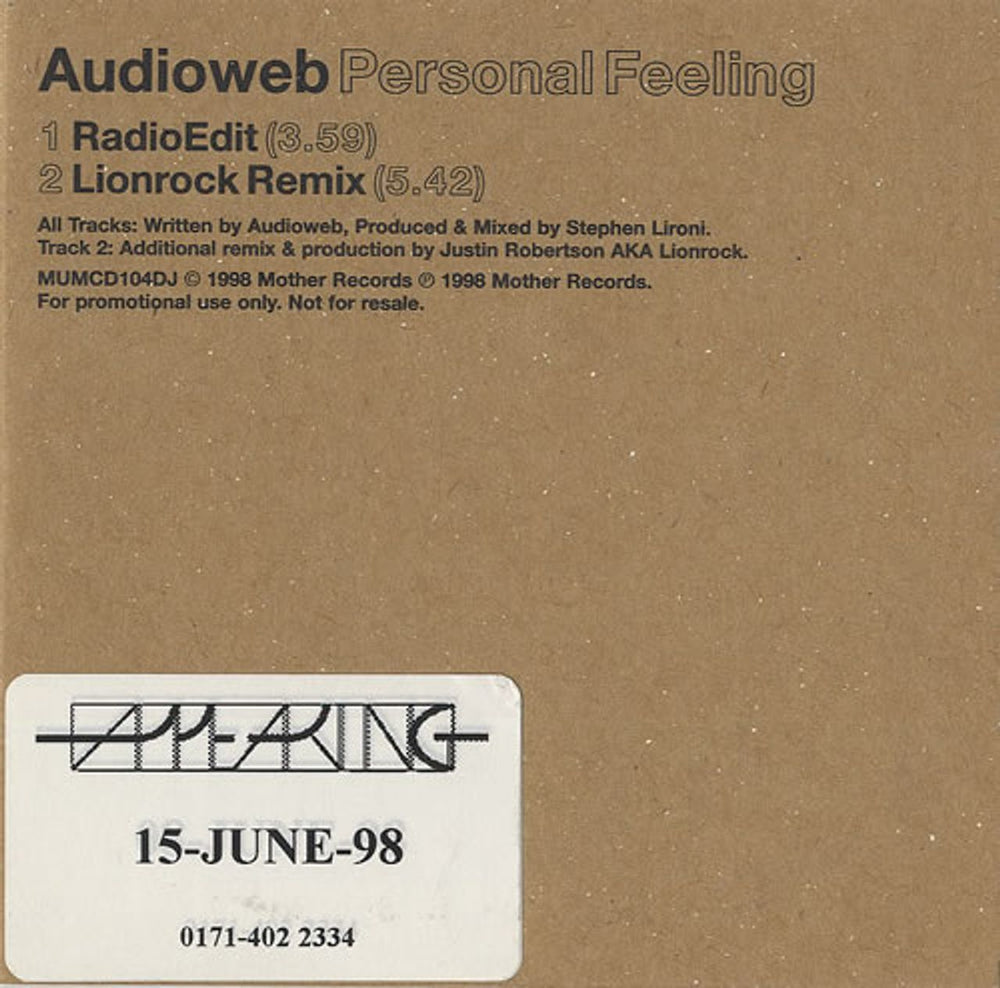 Audioweb Personal Feeling UK Promo CD single (CD5 / 5") MUMCD104DJ