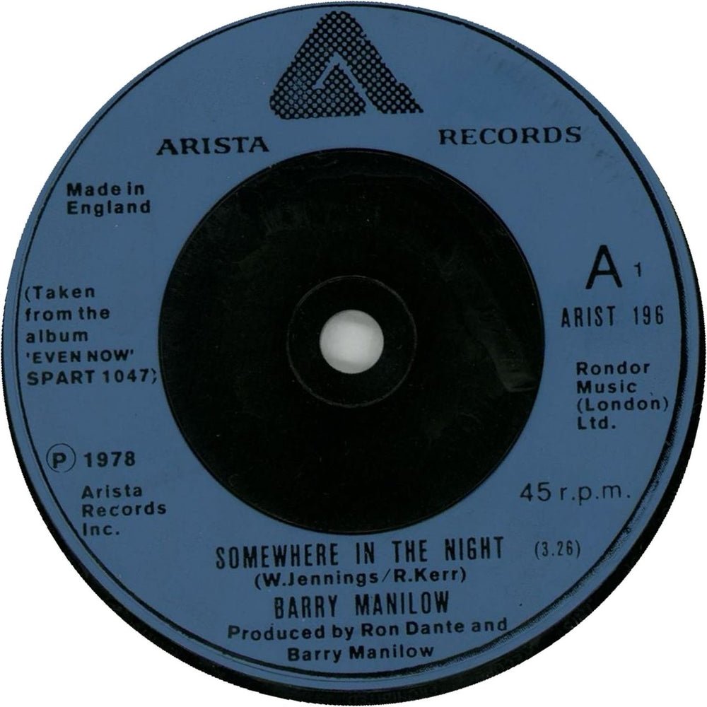 Barry Manilow Somewhere In The Night UK 7" vinyl single (7 inch record / 45) ARIST196