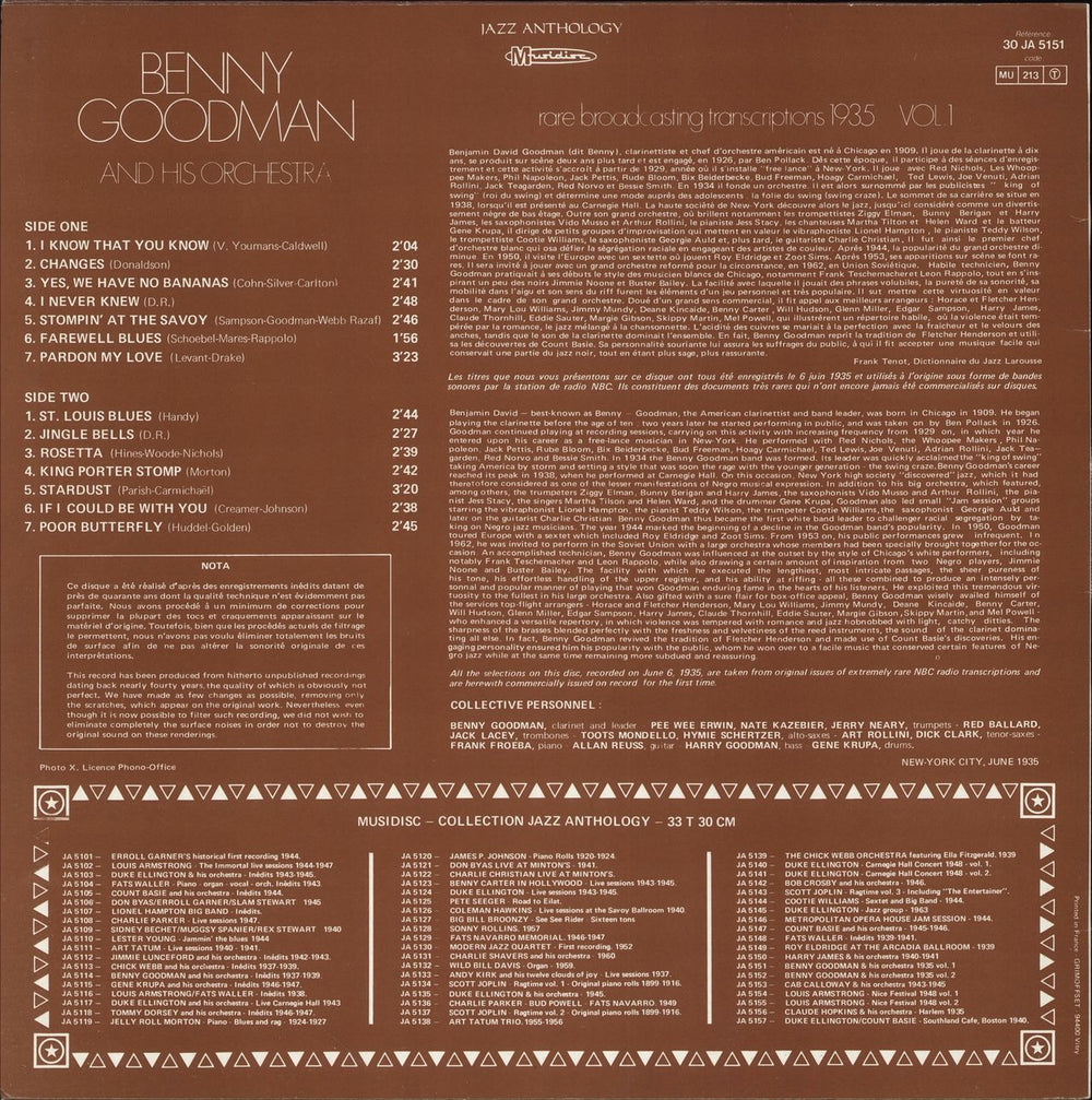 Benny Goodman Rare Broadcasting Transcriptions 1935 Vol. 1 French vinyl LP album (LP record)