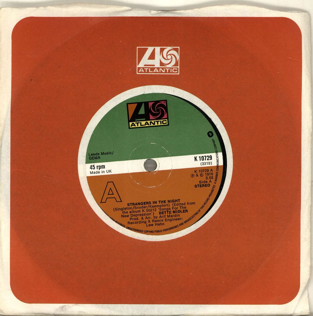 Bette Midler Strangers In The Night - Solid Centre UK 7" vinyl single (7 inch record / 45) K10729