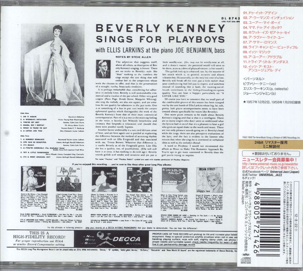 Beverly Kenney Sings For Playboys Japanese CD album (CDLP)