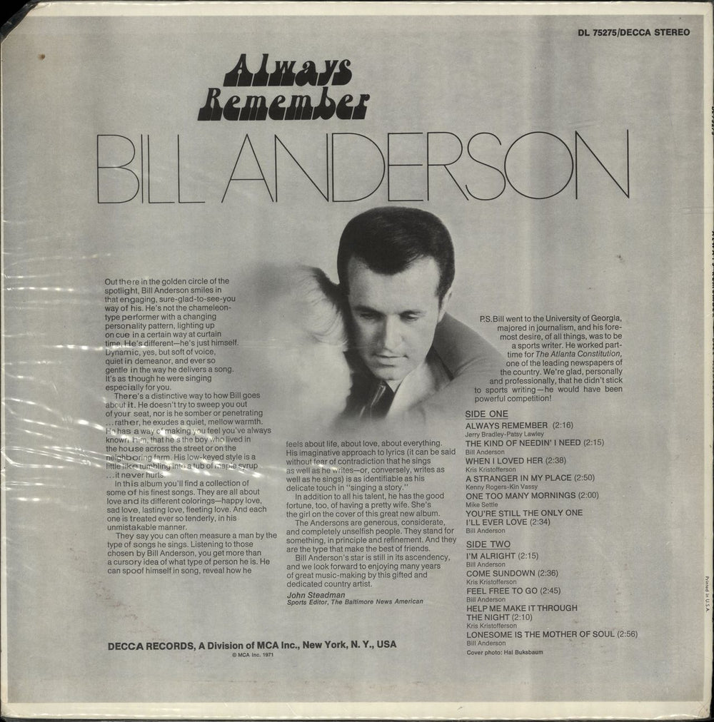 Bill Anderson Always Remember US vinyl LP album (LP record)