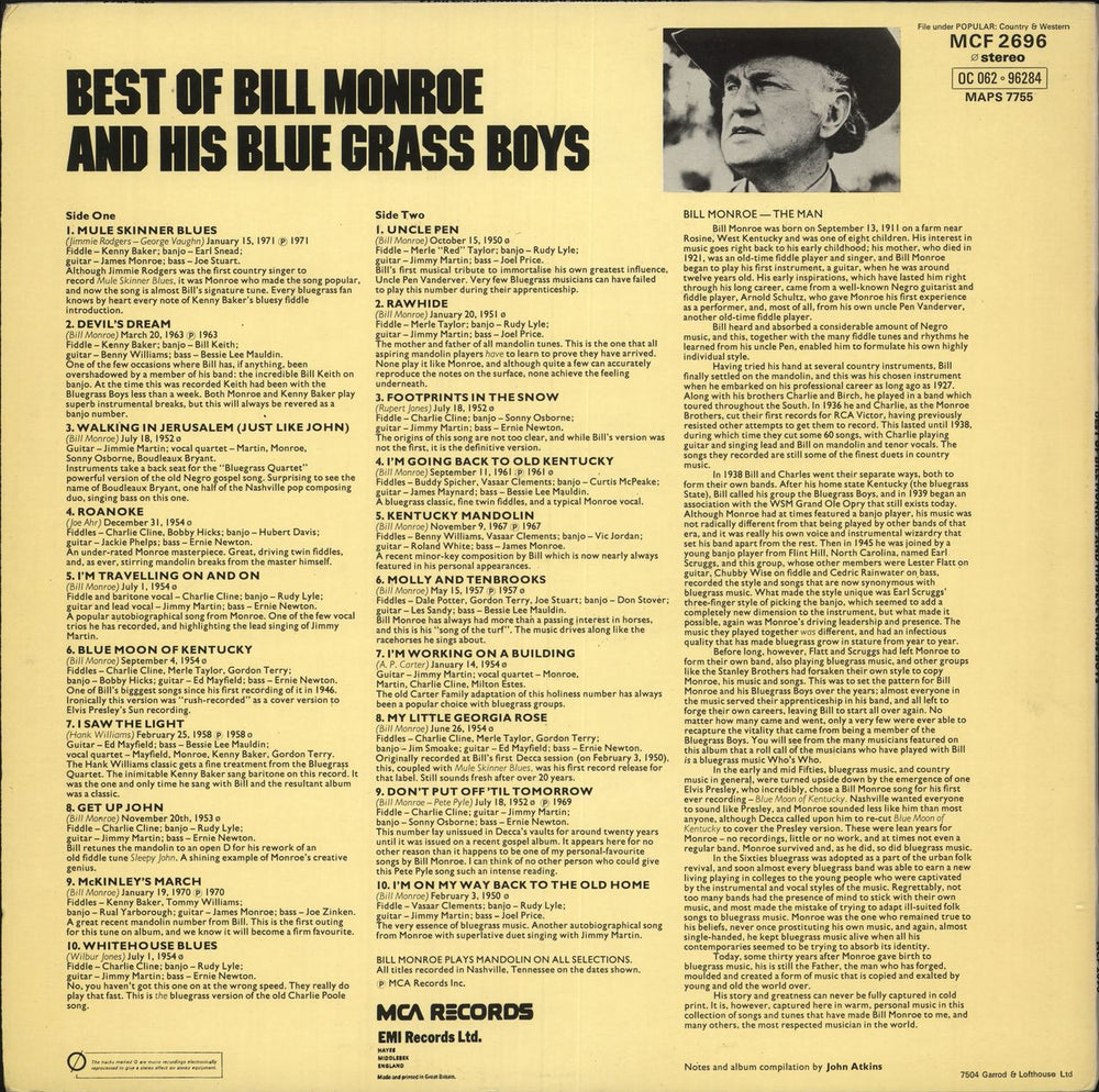 Bill Monroe Best Of Bill Monroe And His Blue Grass Boys UK vinyl LP album (LP record)