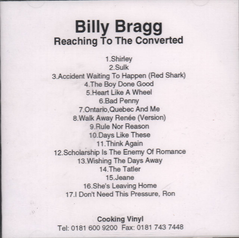 Billy Bragg Reaching To The Converted UK Promo CD-R acetate CD-R