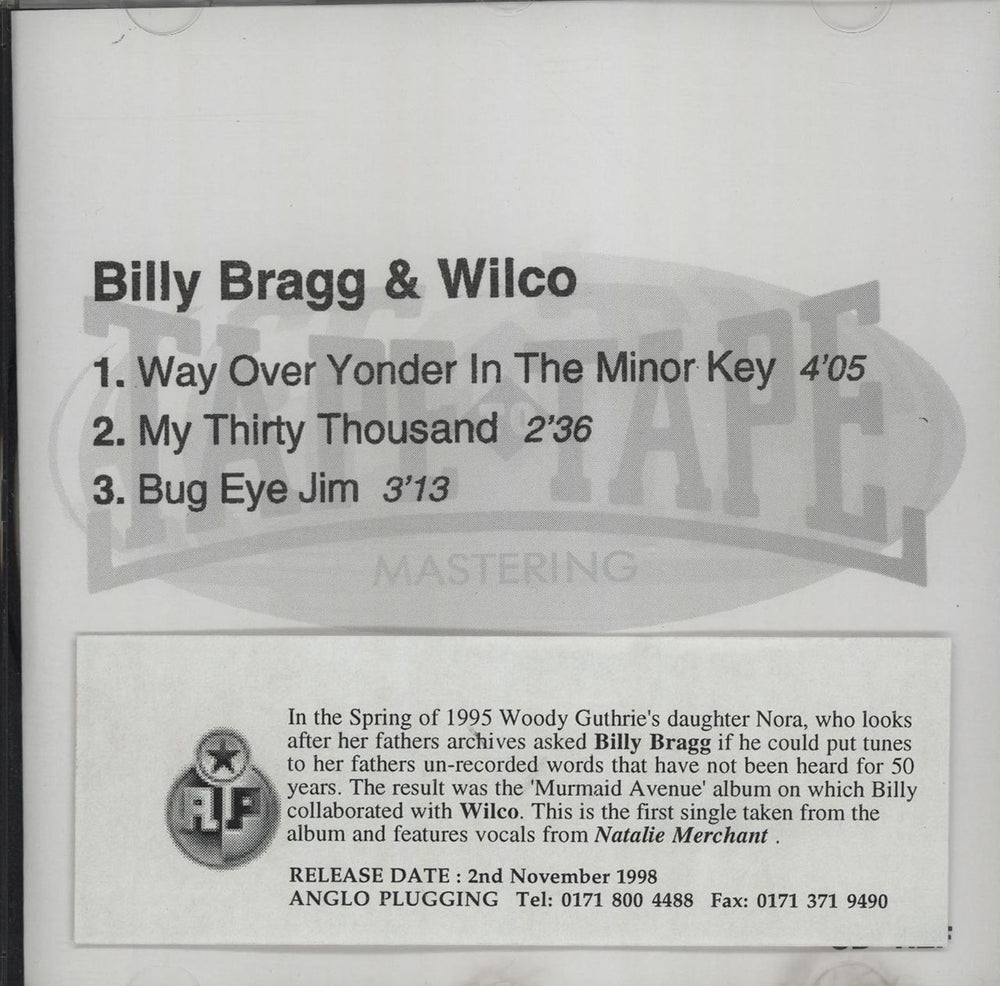 Billy Bragg Way Over Yonder In The Minor Key + Tracklisting Sleeve UK Promo CD-R acetate CD-R