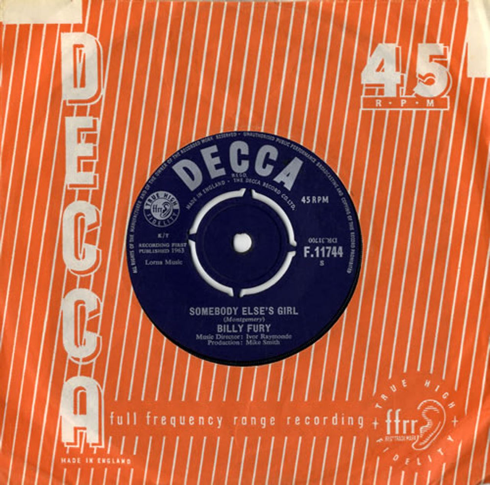 Billy Fury Somebody Else's Girl UK 7" vinyl single (7 inch record / 45) F.11744