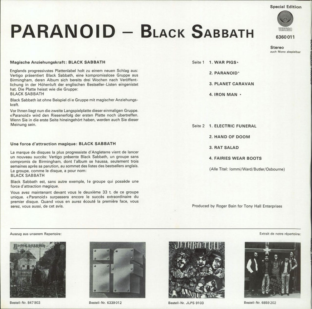 Black Sabbath Paranoid Swiss vinyl LP album (LP record)