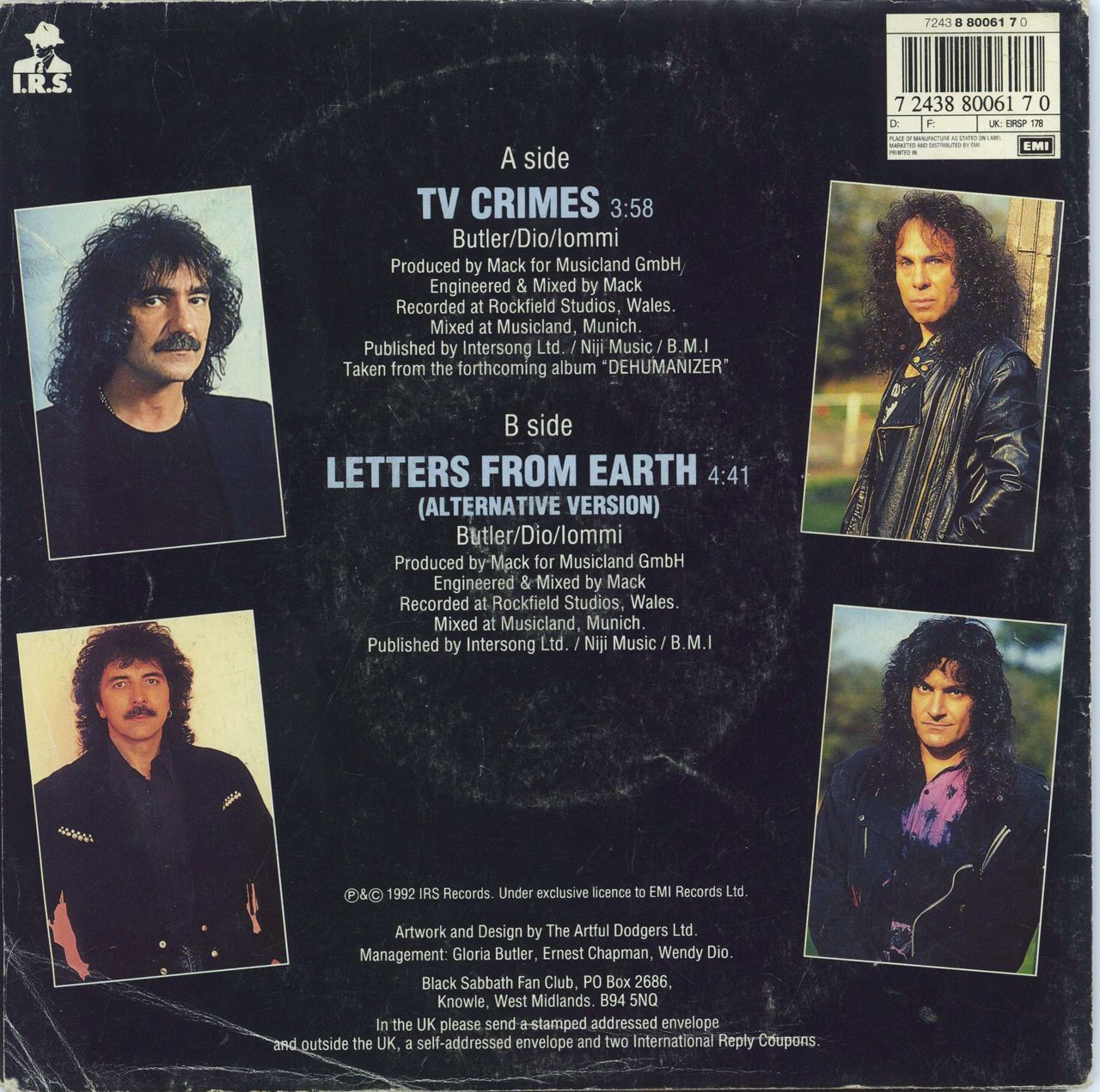 Black Sabbath TV Crimes Poster Sleeve EX UK 7