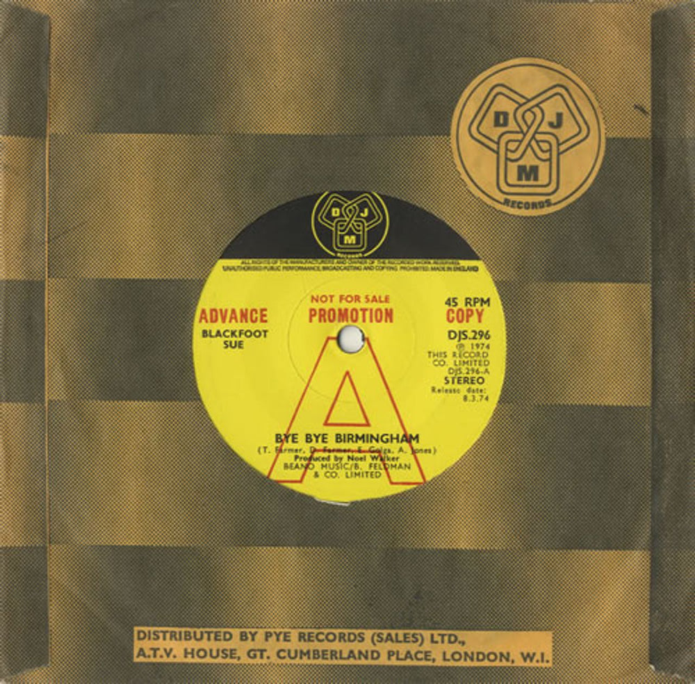 Blackfoot Sue Bye Bye Birmingham UK Promo 7" vinyl single (7 inch record / 45) DJS.296