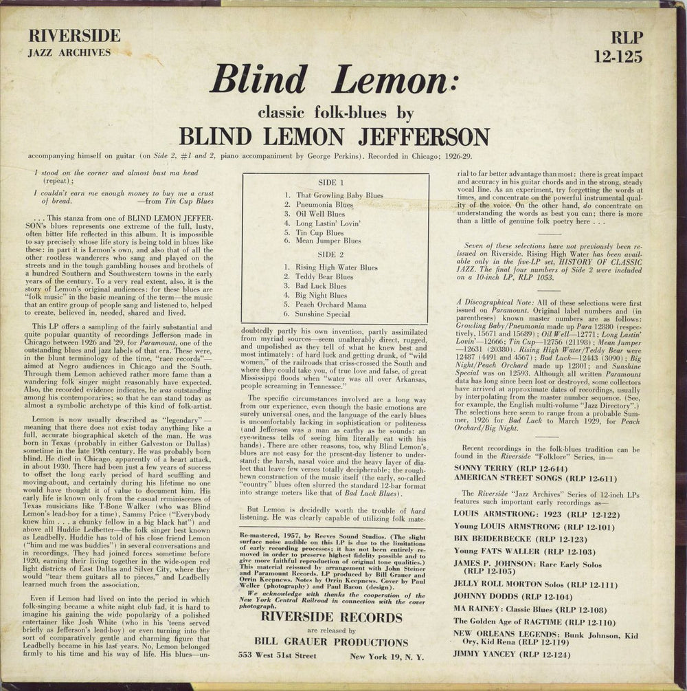 Blind Lemon Jefferson Classic Folk Blues By Blind Lemon Jefferson US Promo vinyl LP album (LP record)