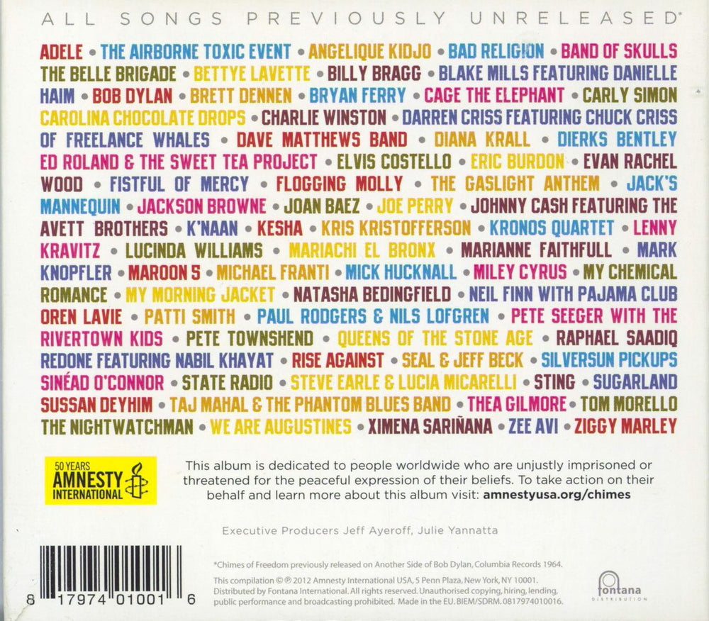 Bob Dylan Chimes of Freedom: The Songs of Bob Dylan, Honouring 50 Years of Amnesty International UK 4-CD album set 817974010016