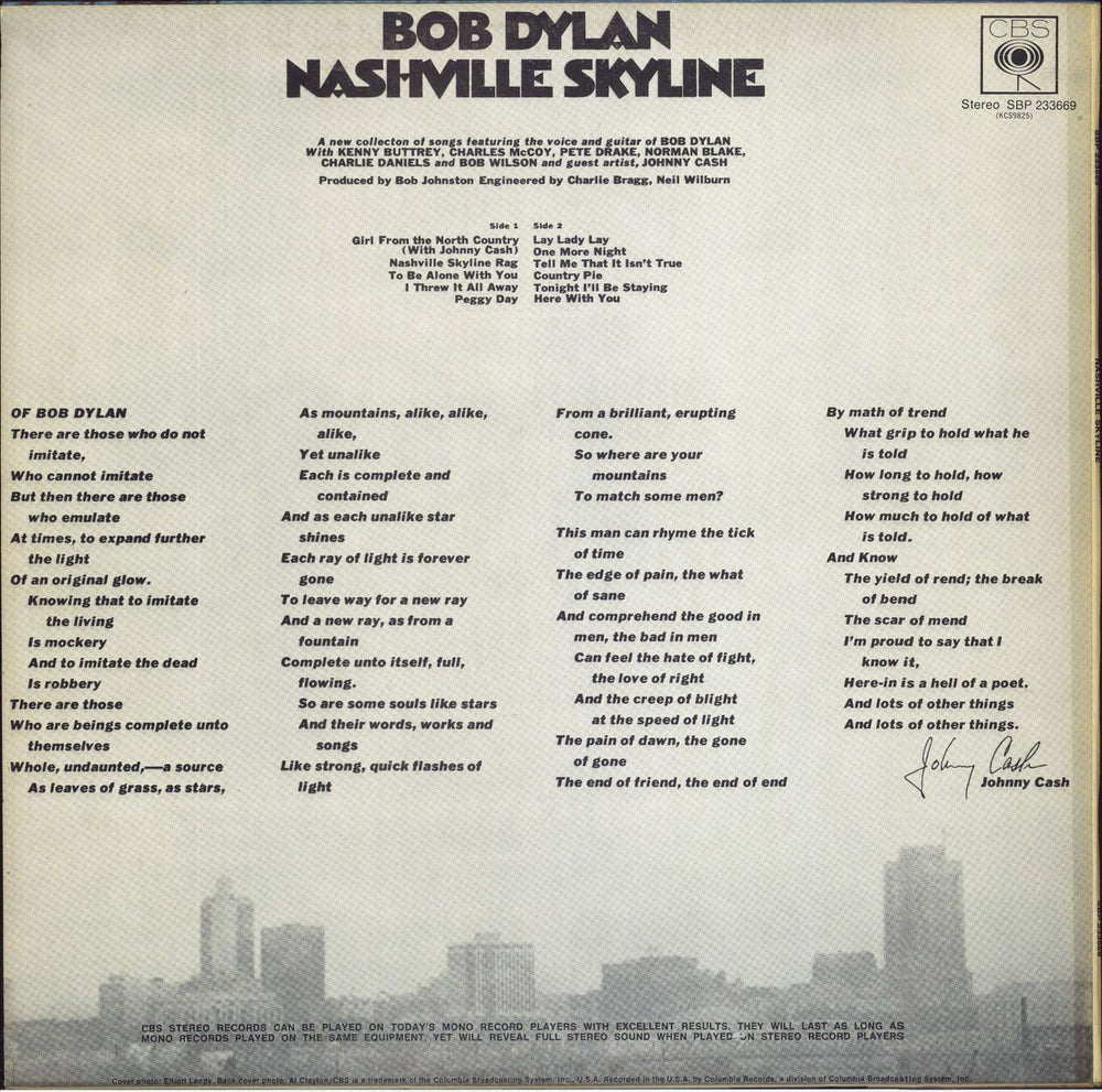 Bob Dylan Nashville Skyline Australian vinyl LP album (LP record)