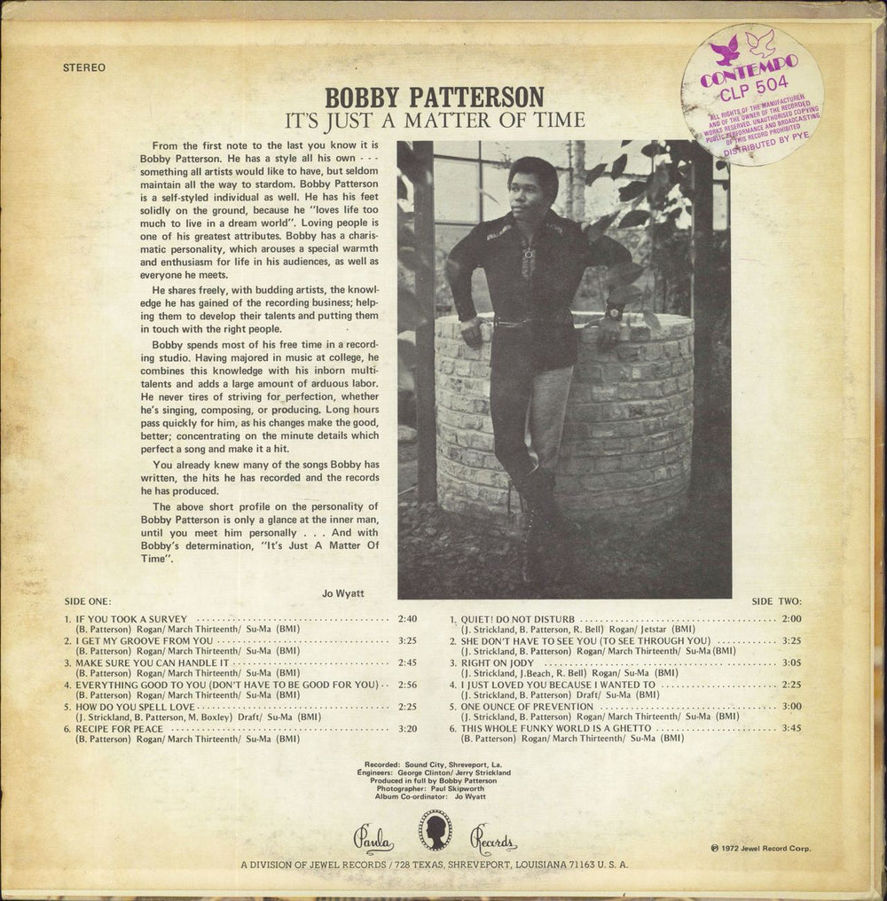 Bobby Patterson It's Just A Matter Of Time US vinyl LP album (LP record)