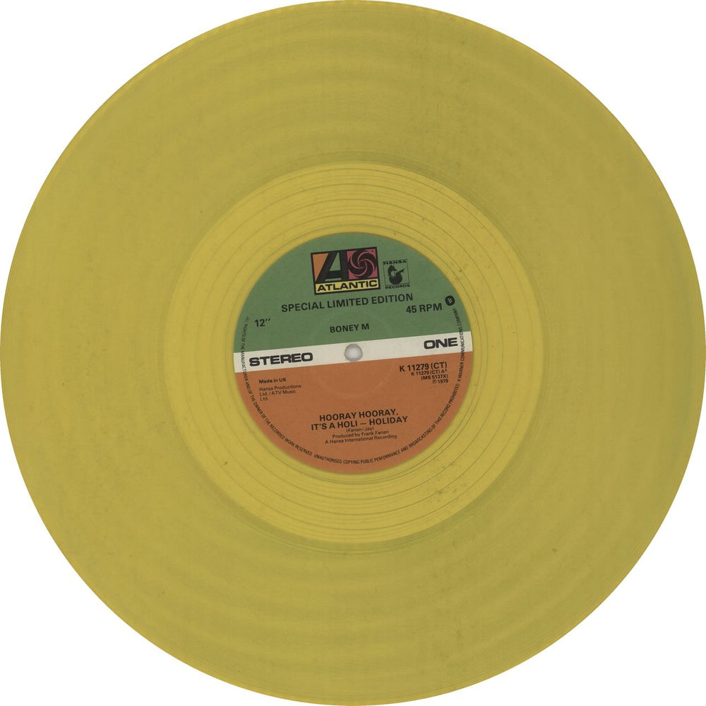 Boney M Hooray Hooray - Yellow Vinyl UK 12" vinyl single (12 inch record / Maxi-single) K11279CT