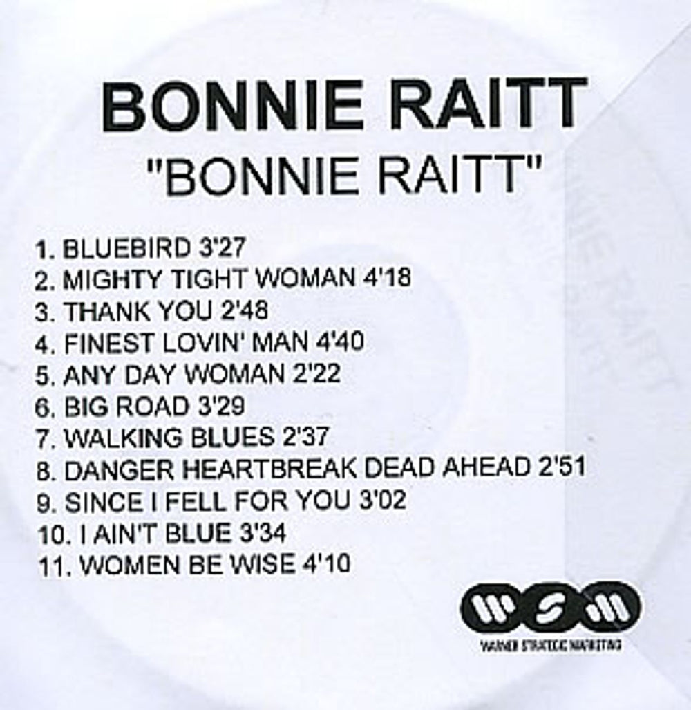 Bonnie Raitt Bonnie Raitt UK Promo CD-R acetate CD-R ACETATE